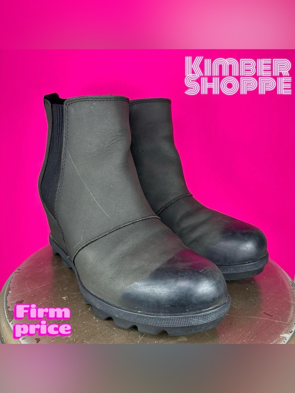 Sorel Joan of Arctic II Black Leather Wedge Chelsea Boot US 9 UK 7 EU 40